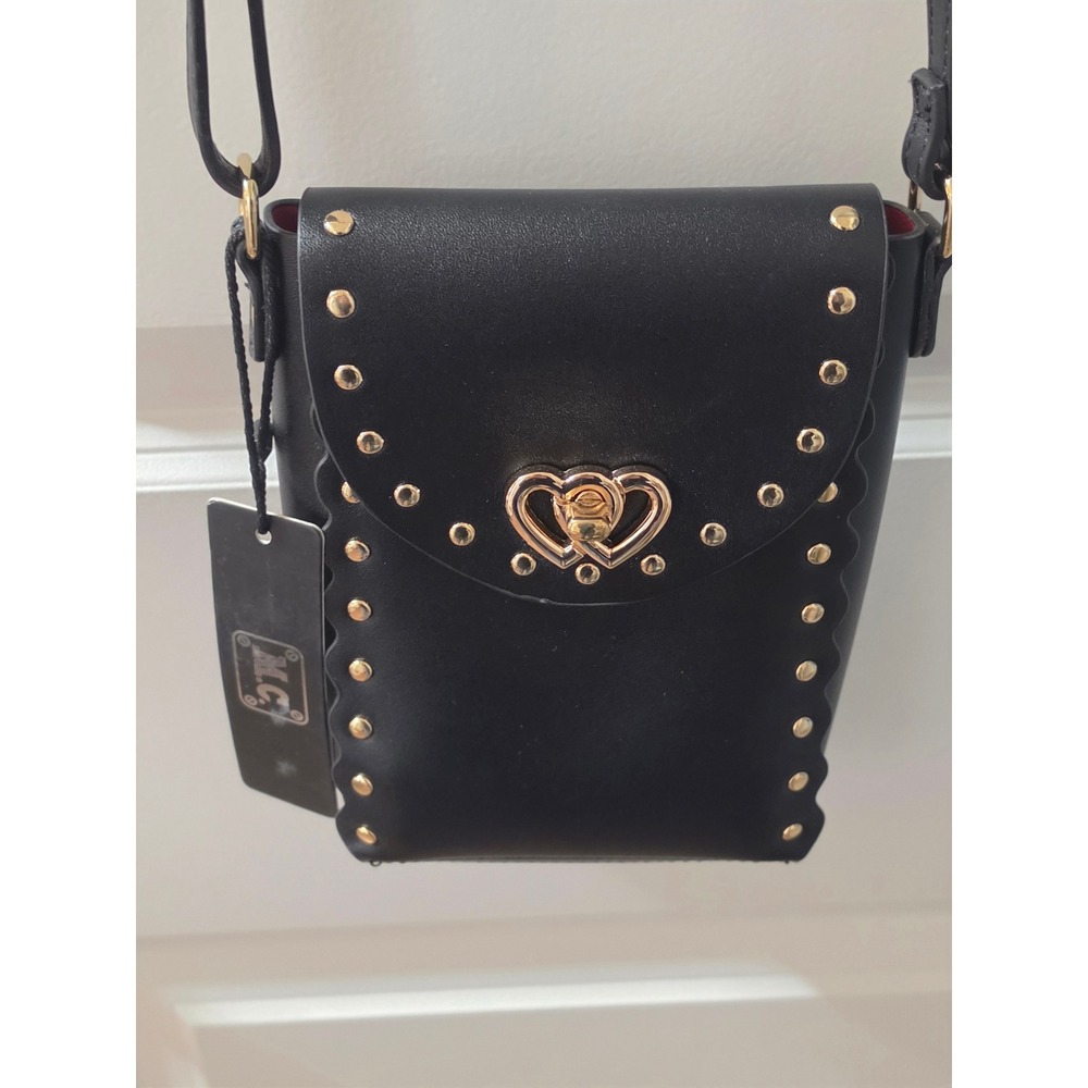 M.C. Womens Black Studded Heart Crossbody Phone Bag 5104 NWT - Picture 2 of 8